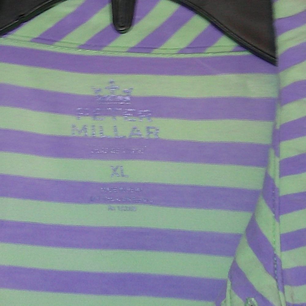 Peter Millar Striped Golf Polo Shirt Performance Athletic Casual XL Purple Green - Picture 3 of 3